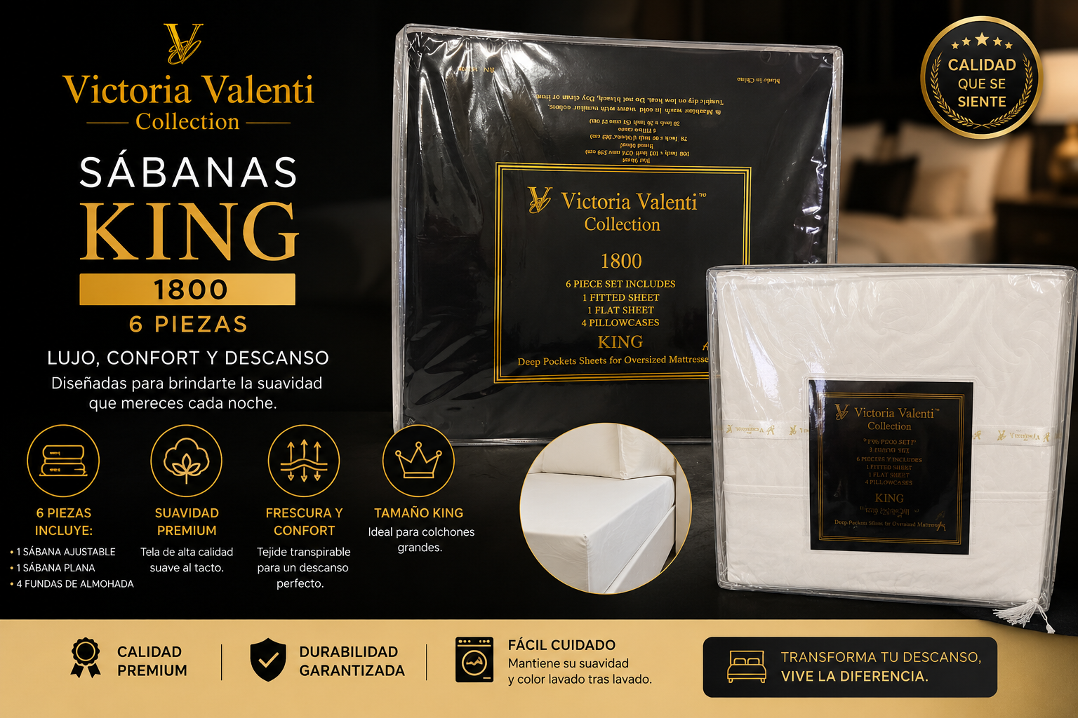 Sábanas King 1800 6 Piezas - Victoria Valenti Collection